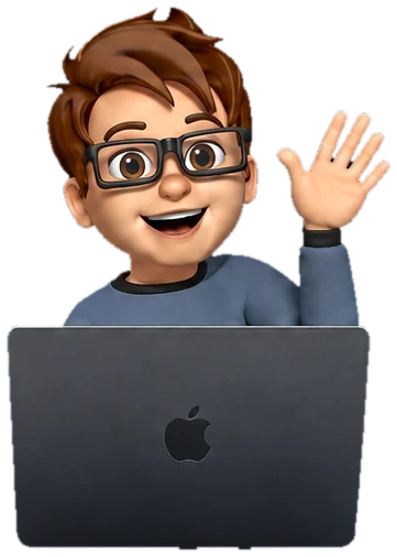 Illustrated portrait of Eugenio waving from behind a laptop